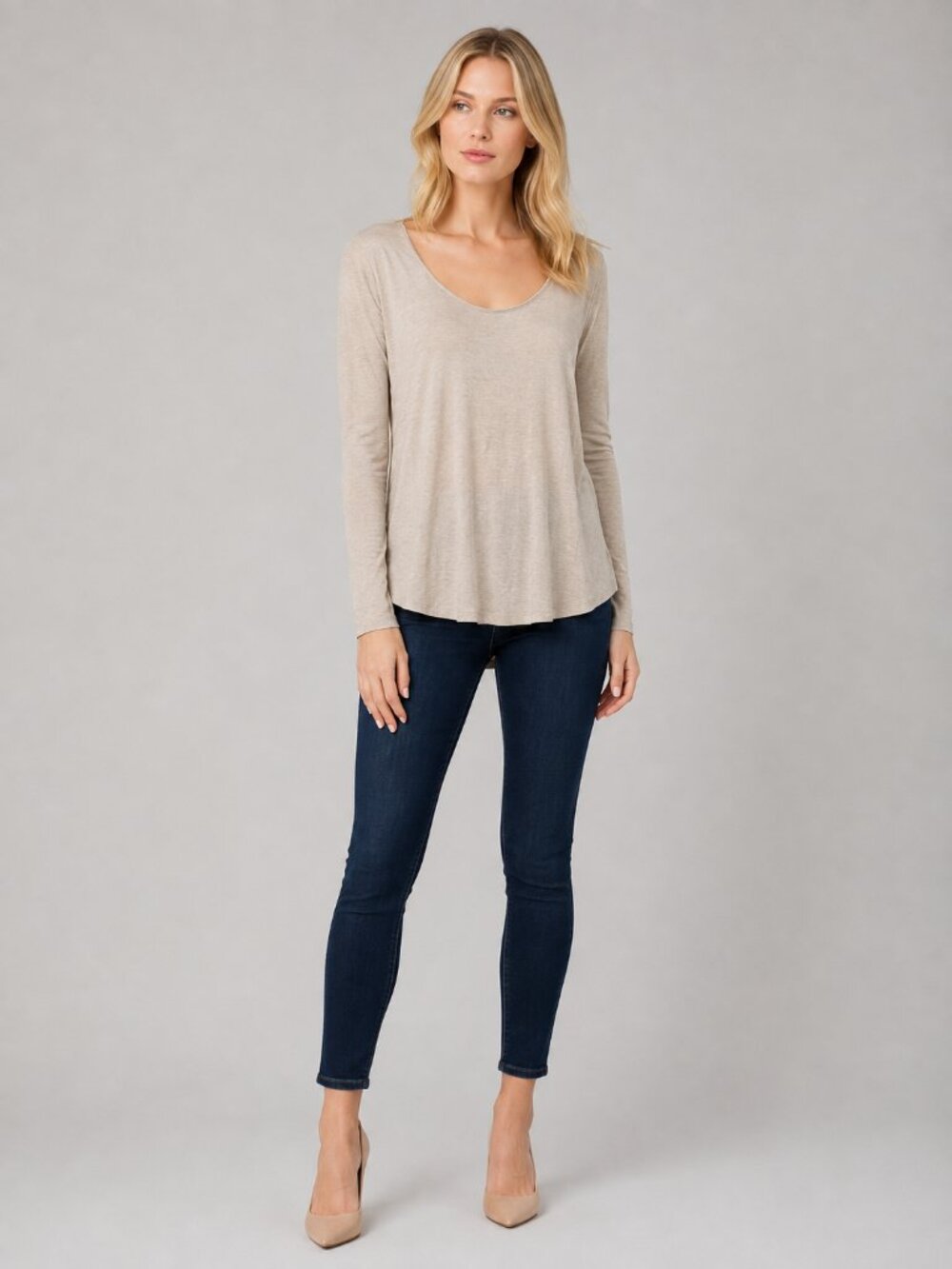 2/$30 White House Black Market Scoop Neck Long Sleeve Tee Beige XL #8752
